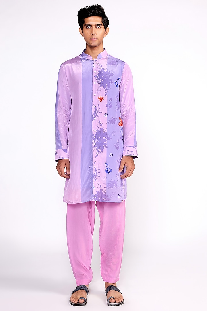 Lilac Crepe Color Blocked Kurta by Isha Gupta Tayal Men