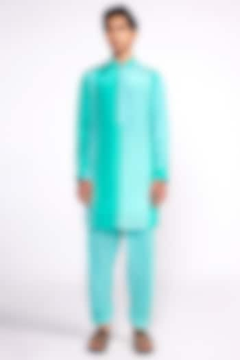 Aqua Blue Crepe Color-Blocked Kurta by Isha Gupta Tayal Men at Pernia's Pop Up Shop