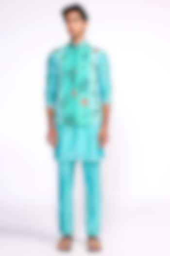 Aqua Green Silk Printed & Embroidered Nehru Jacket Set by Isha Gupta Tayal Men at Pernia's Pop Up Shop