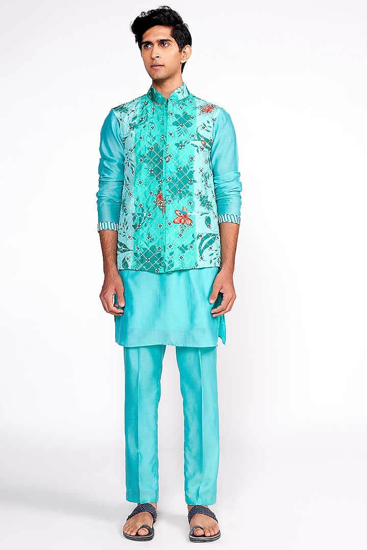 Aqua Green Silk Printed & Embroidered Nehru Jacket Set by Isha Gupta Tayal Men at Pernia's Pop Up Shop