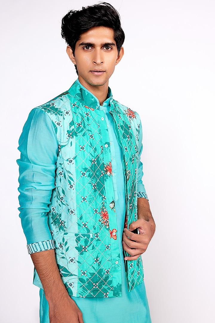 Aqua Green Silk Printed & Embroidered Nehru Jacket by Isha Gupta Tayal Men at Pernia's Pop Up Shop