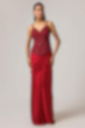 Red Satin Draped Skirt Set by ISTYA at Pernia's Pop Up Shop