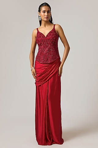 Red Satin Draped Skirt Set by ISTYA