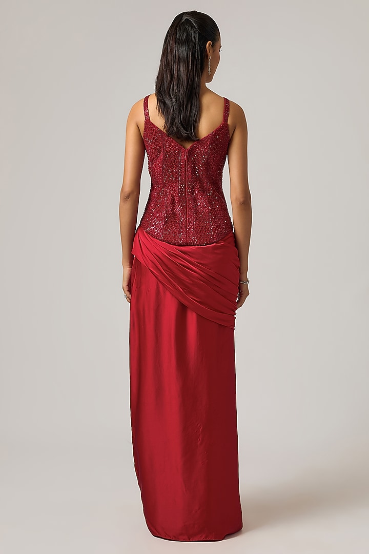 Red Satin Draped Skirt Set by ISTYA at Pernia's Pop Up Shop