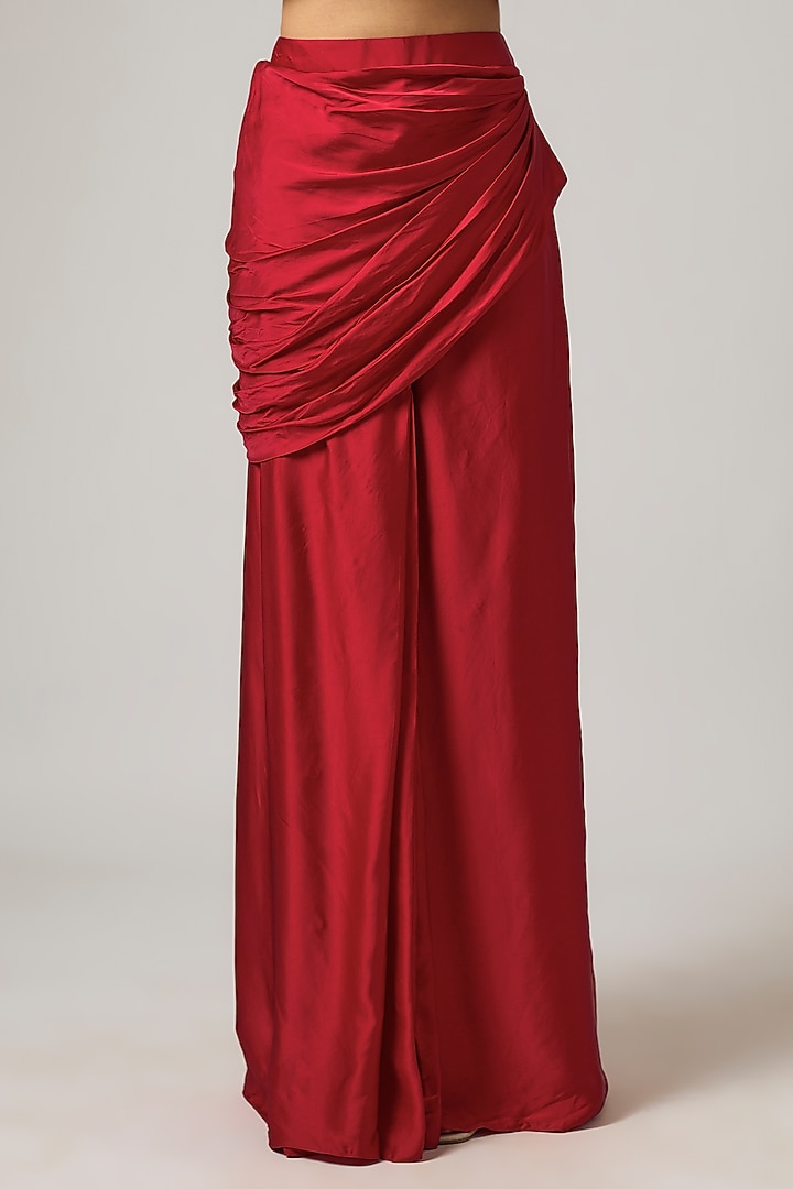Red Satin Draped Skirt Set by ISTYA at Pernia's Pop Up Shop
