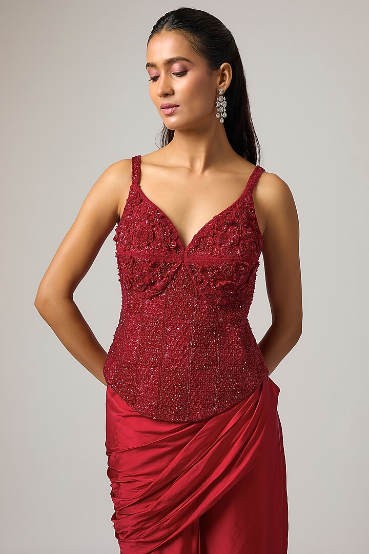 Red Satin Draped Skirt Set by ISTYA at Pernia's Pop Up Shop