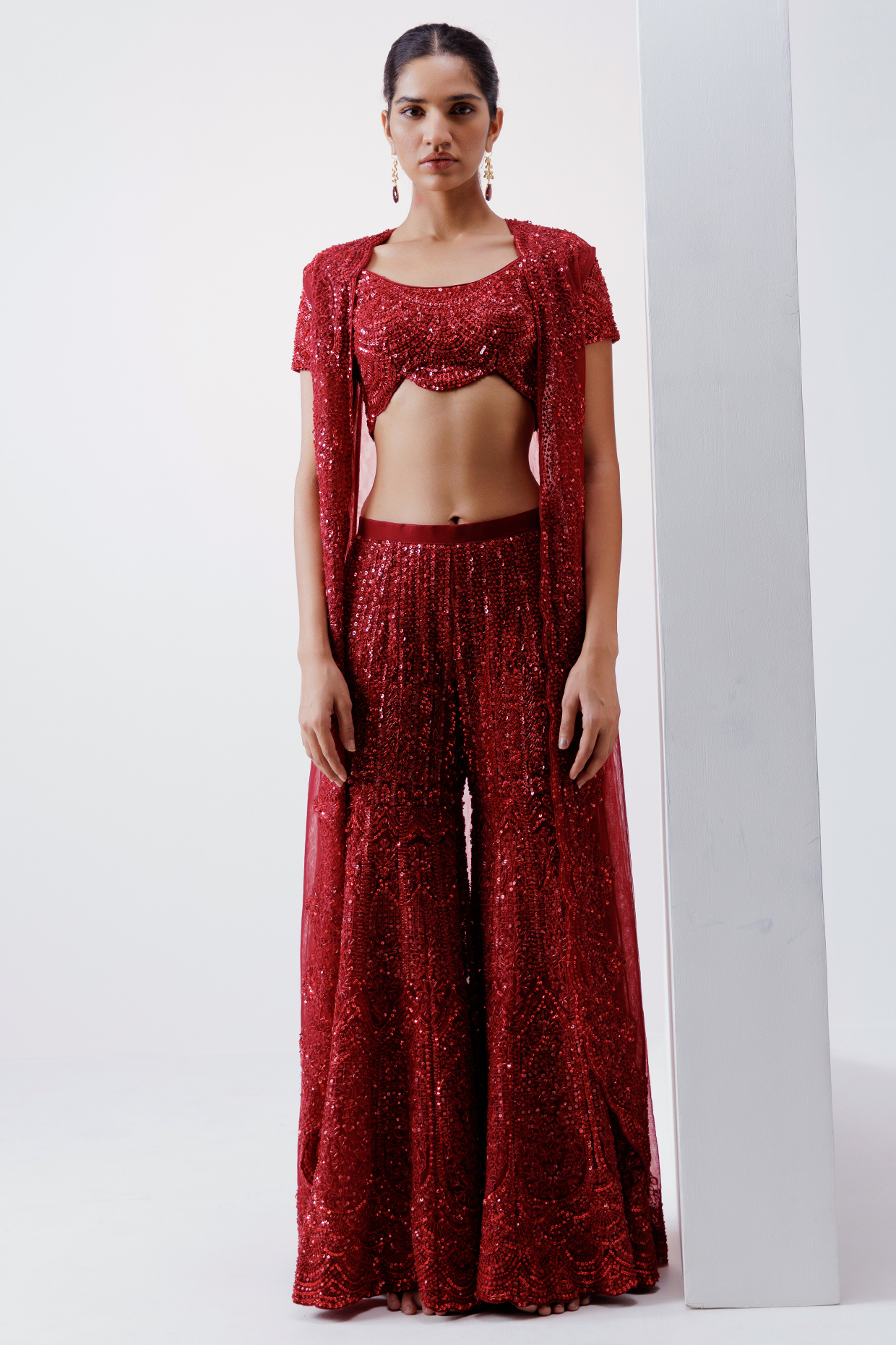 Red Net Pearl & Sequin Embroidered Bridal Sharara Set by ISTYA at Pernia's Pop Up Shop