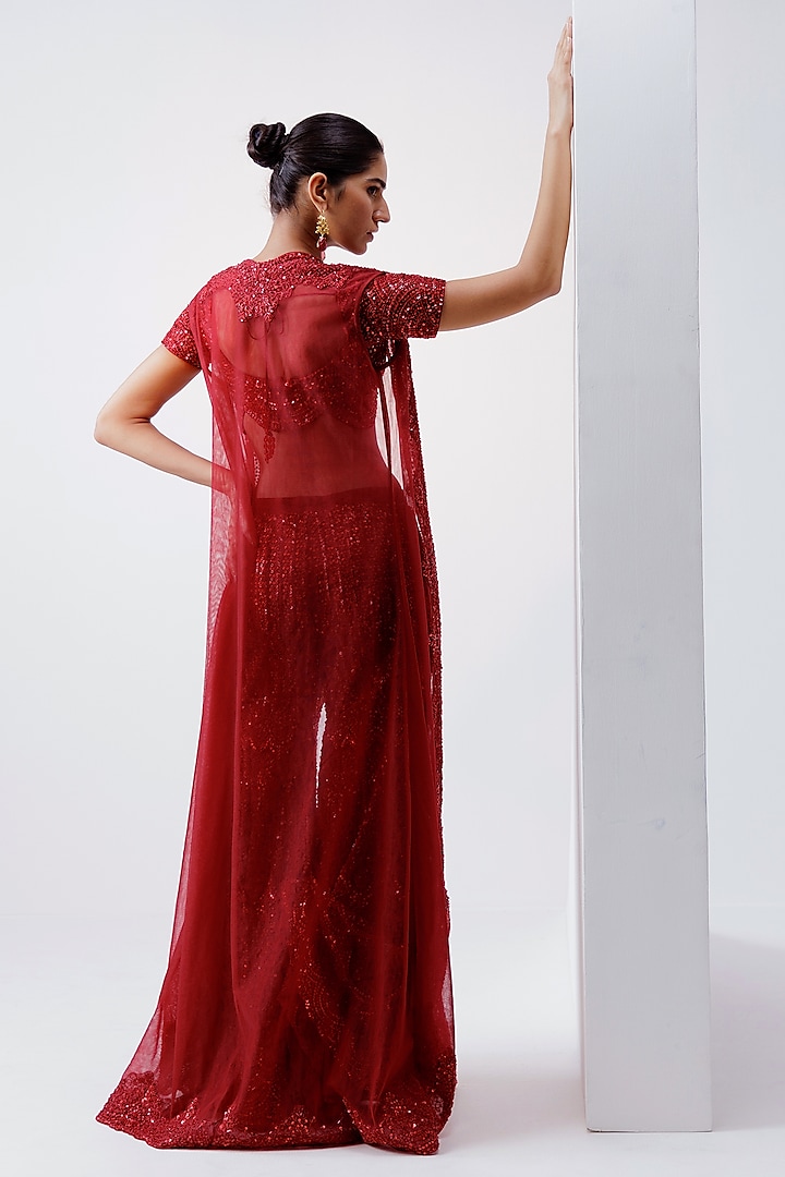 Red Net Pearl & Sequin Embroidered Bridal Sharara Set by ISTYA at Pernia's Pop Up Shop