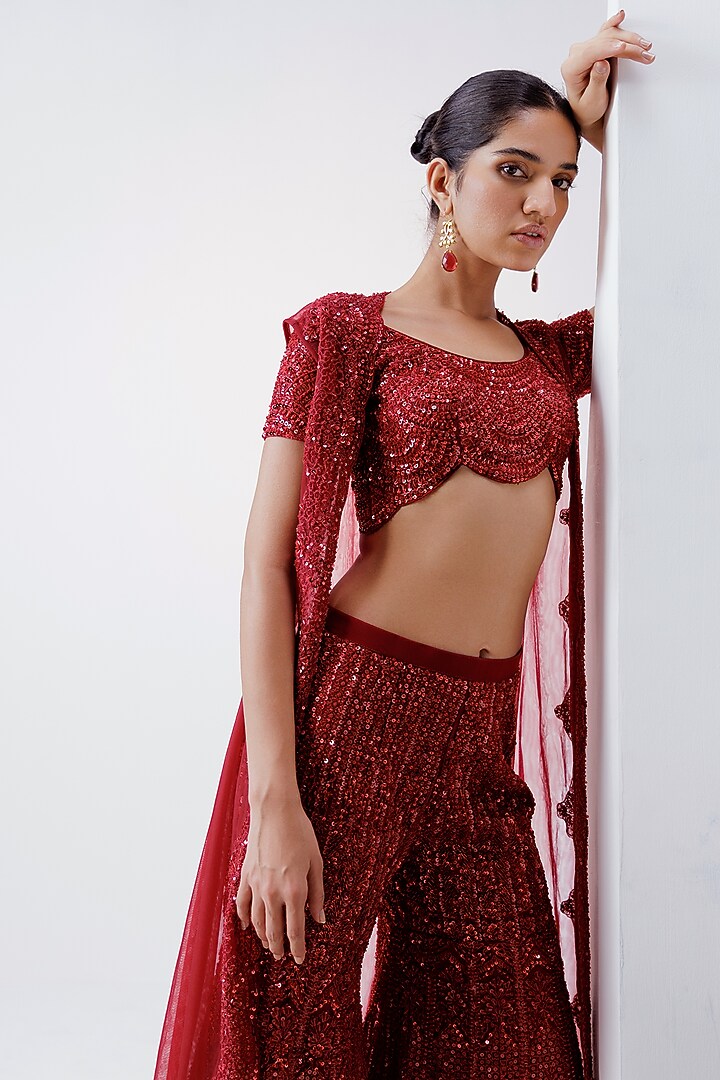 Red Net Pearl & Sequin Embroidered Bridal Sharara Set by ISTYA at Pernia's Pop Up Shop