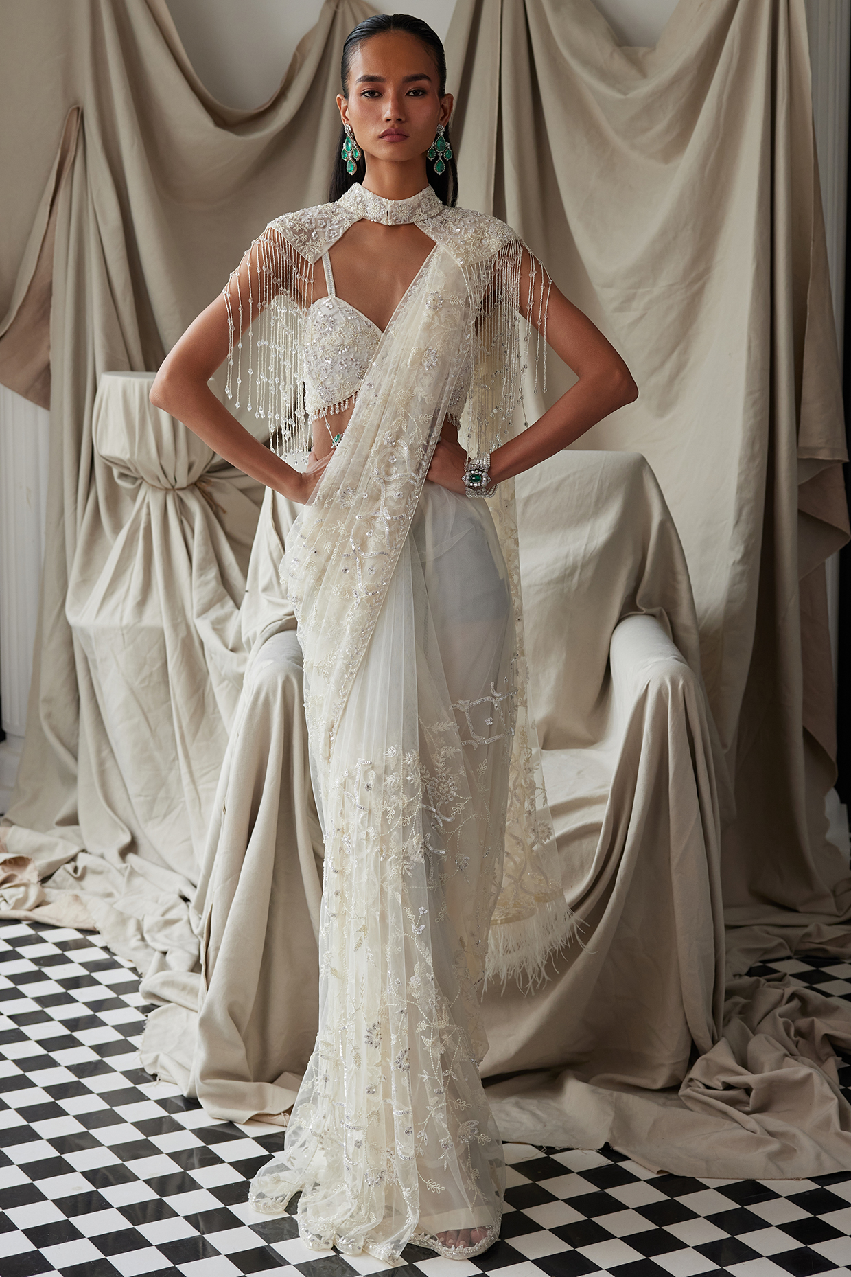 Ivory Net Sequins & Cutdana Embellished Reception Saree Set by ISTYA at Pernia's Pop Up Shop