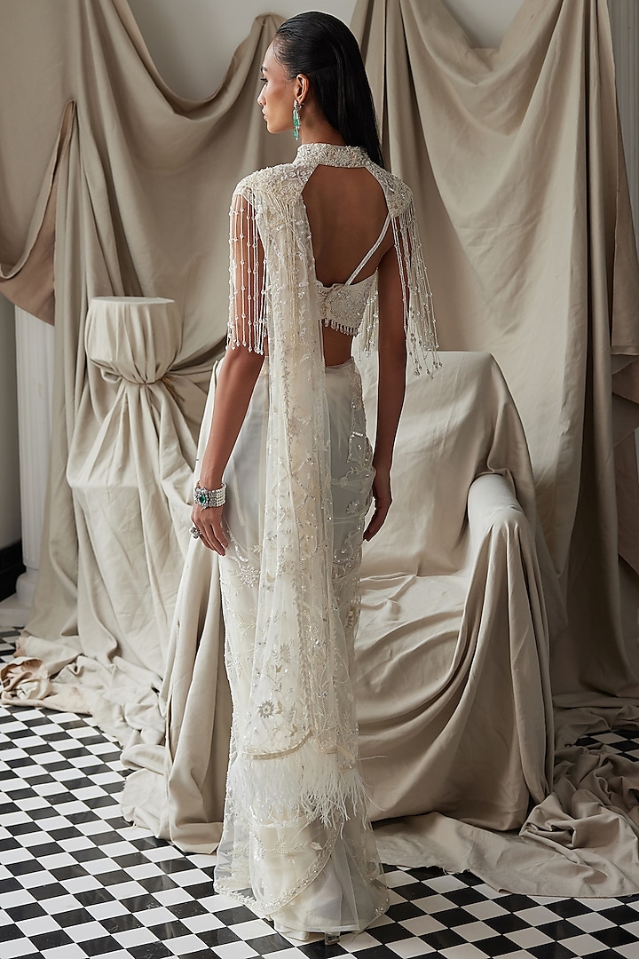 Ivory Net Sequins & Cutdana Embellished Reception Saree Set by ISTYA at Pernia's Pop Up Shop