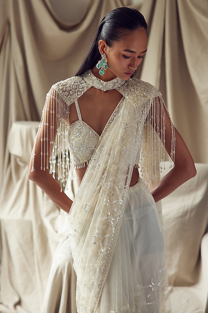 Ivory Net Sequins & Cutdana Embellished Reception Saree Set by ISTYA at Pernia's Pop Up Shop
