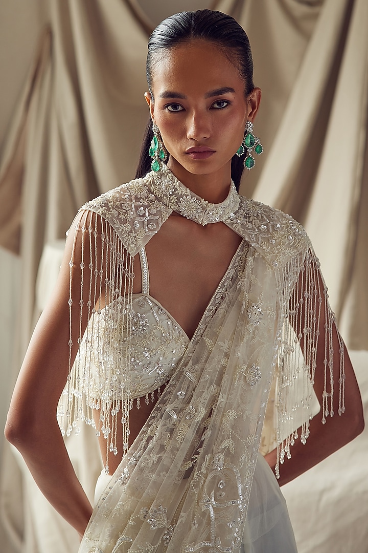 Ivory Net Sequins & Cutdana Embellished Reception Saree Set by ISTYA at Pernia's Pop Up Shop