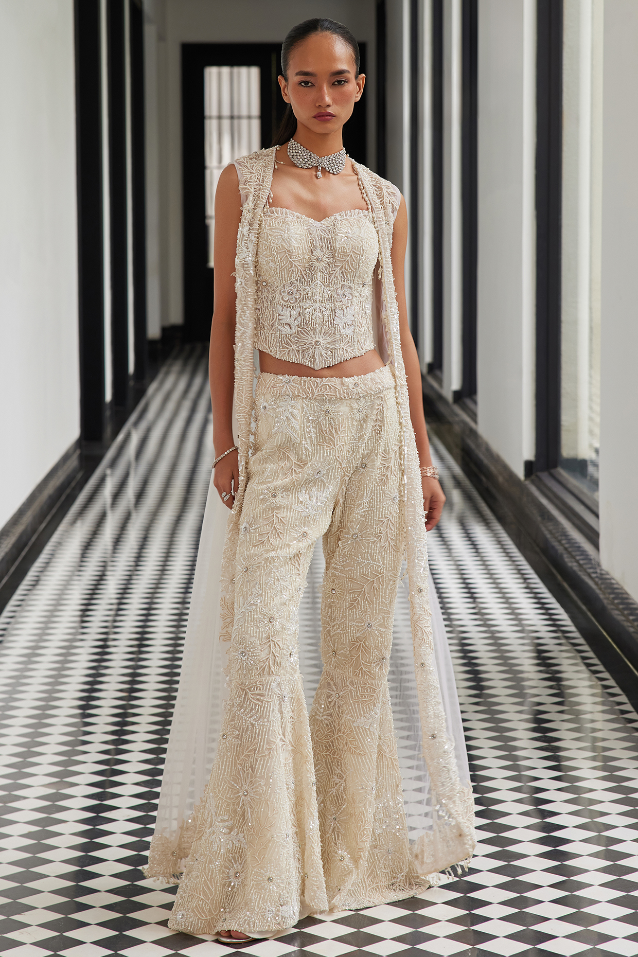 Ivory Net Embellished Jacket Set by ISTYA at Pernia's Pop Up Shop