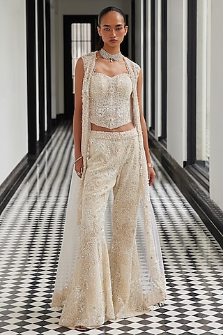 Ivory Net Embellished Jacket Set by ISTYA
