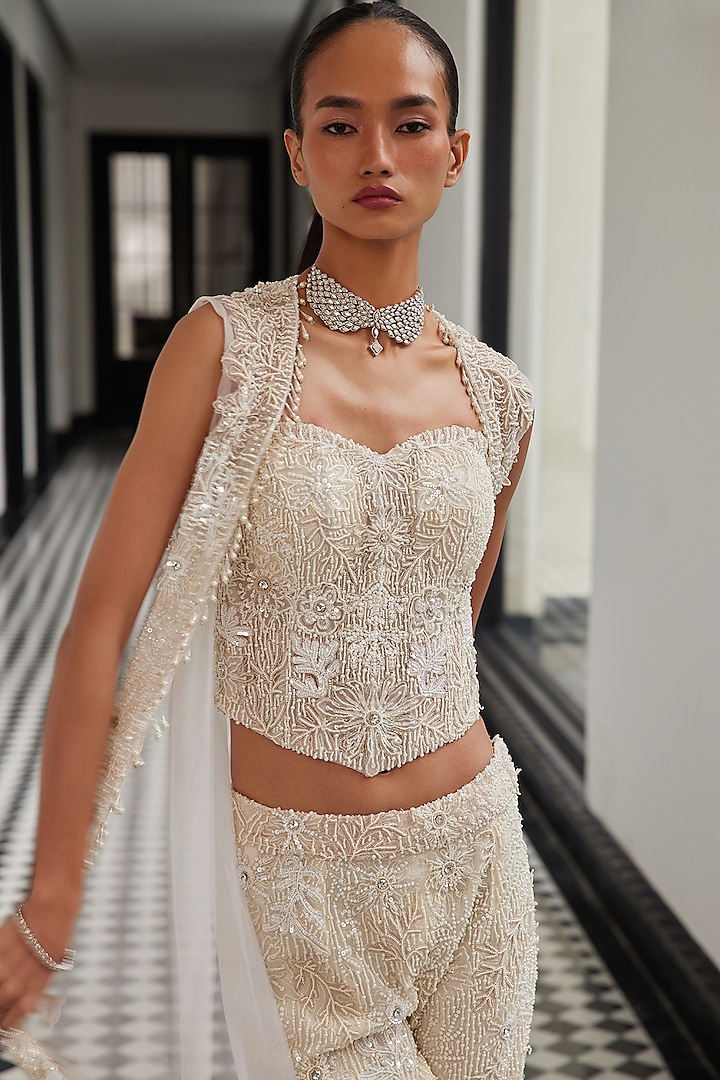 Ivory Net Embellished Jacket Set by ISTYA at Pernia's Pop Up Shop