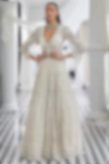 Ivory Net Pearl Embellished Jacket Bridal Gown With Skirt by ISTYA at Pernia's Pop Up Shop