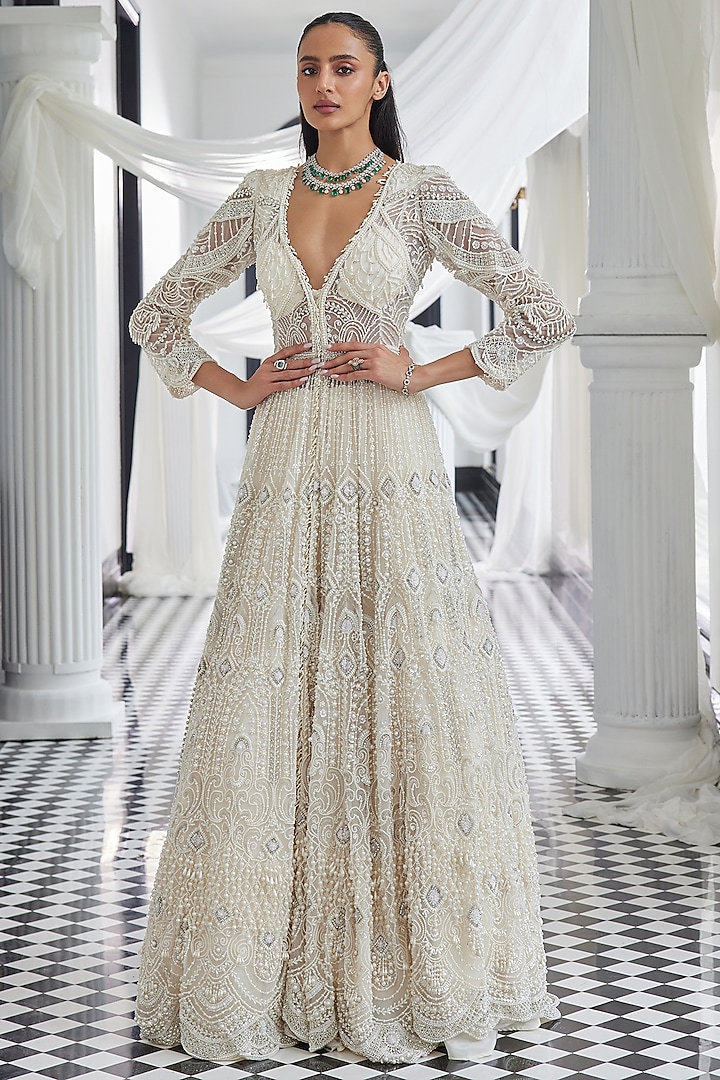 Ivory Net Pearl Embellished Jacket Bridal Gown With Skirt by ISTYA at Pernia's Pop Up Shop
