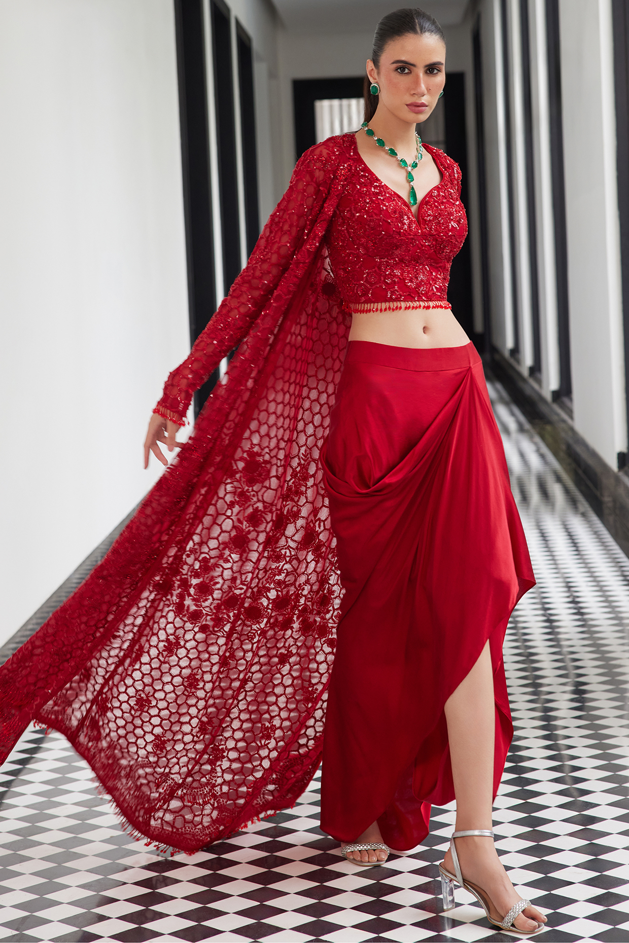 Red Net Sequins Embellished Jacket Set by ISTYA at Pernia's Pop Up Shop