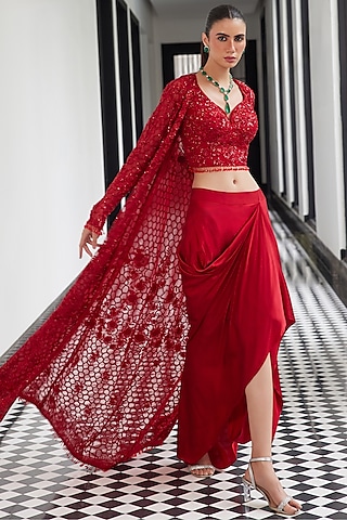 Red Net Sequins Embellished Jacket Set by ISTYA