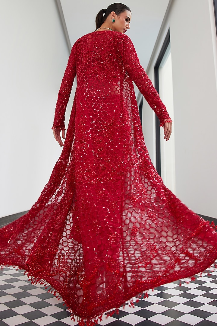 Red Net Sequins Embellished Jacket Set by ISTYA at Pernia's Pop Up Shop