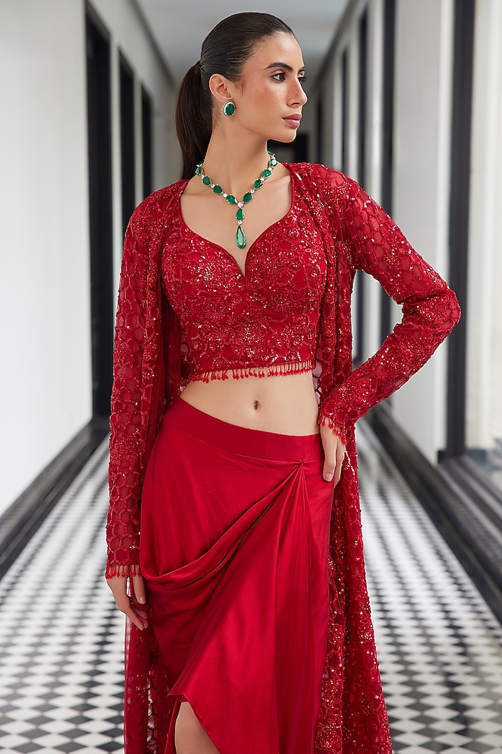 Red Net Sequins Embellished Jacket Set by ISTYA at Pernia's Pop Up Shop