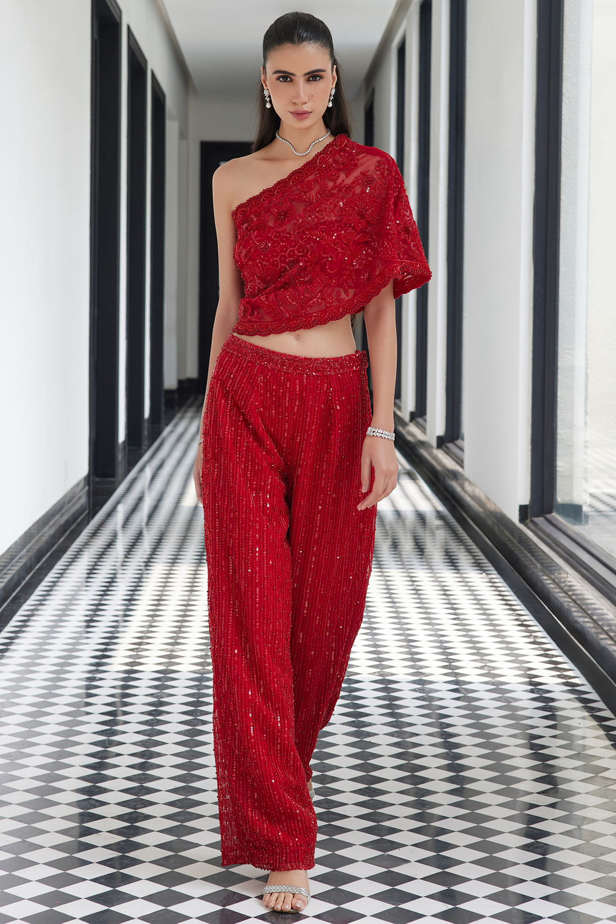 Red Net Embroidered Pant Set by ISTYA at Pernia's Pop Up Shop