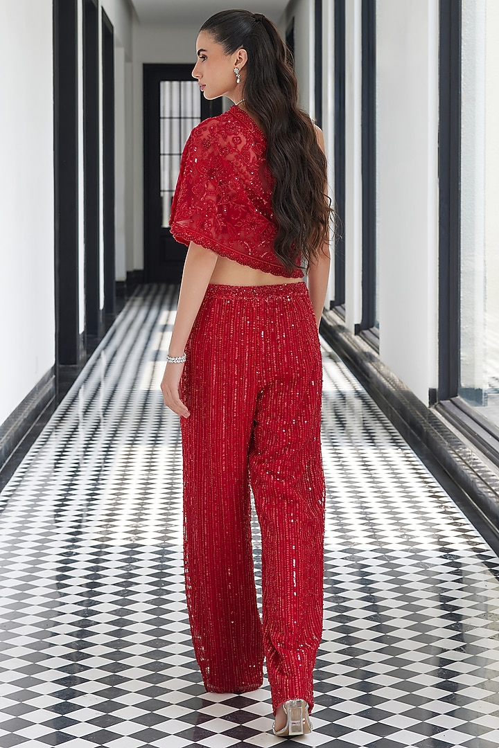 Red Net Embroidered Pant Set by ISTYA at Pernia's Pop Up Shop
