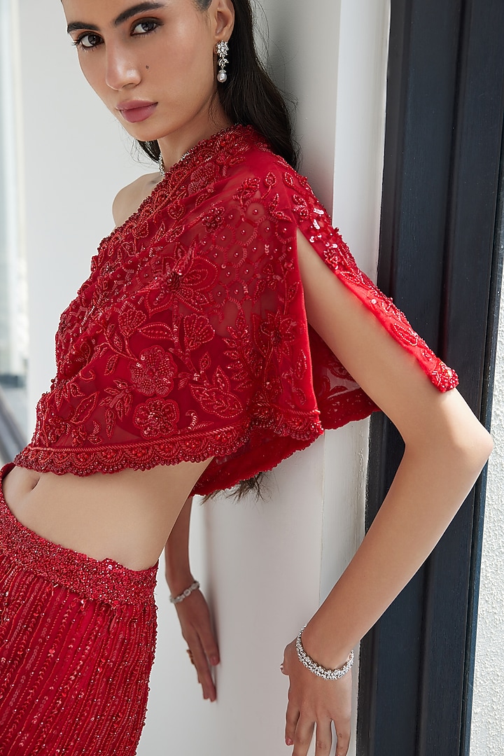 Red Net Embroidered Pant Set by ISTYA at Pernia's Pop Up Shop