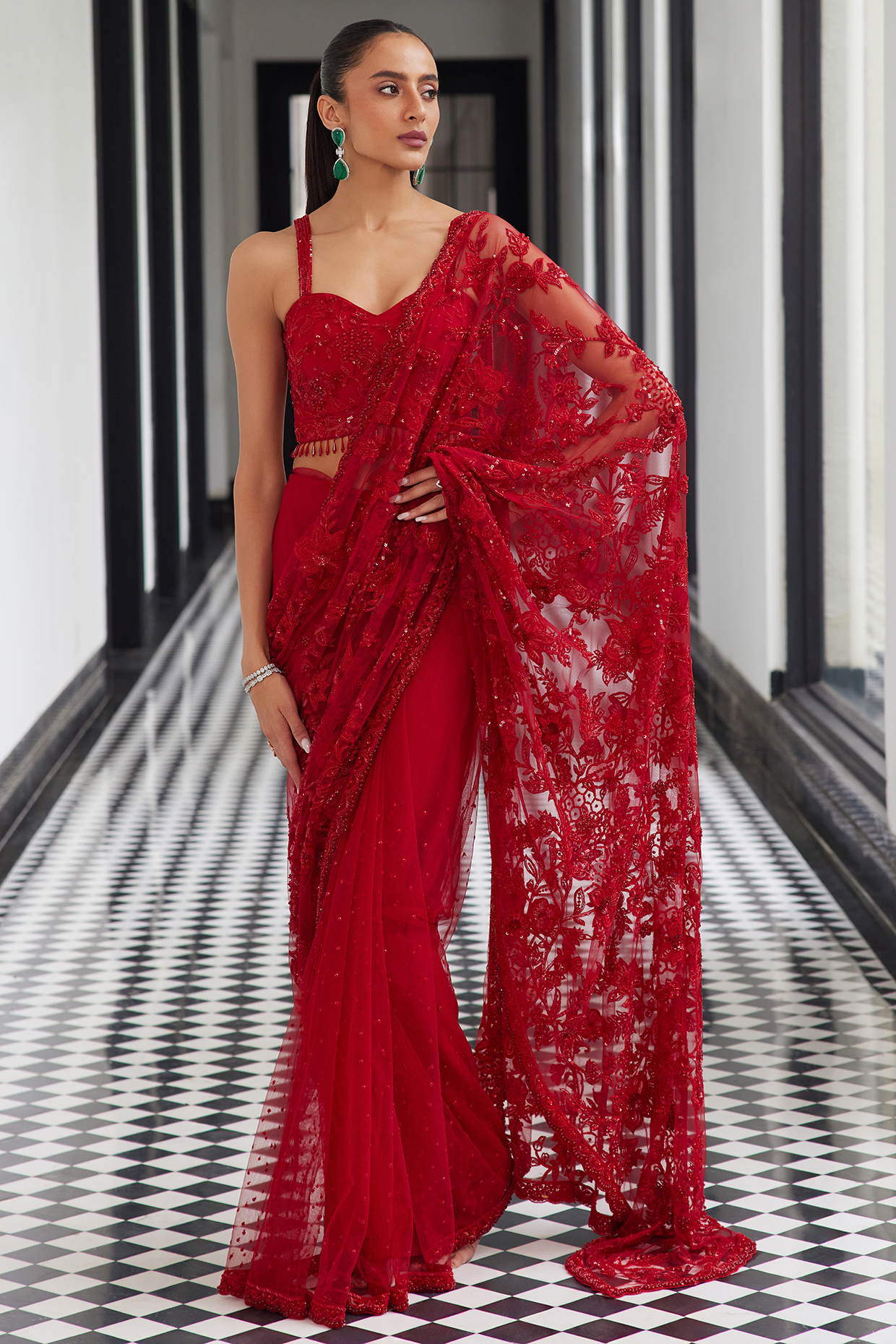 Red Net Sequins Embellished Saree Set by ISTYA at Pernia's Pop Up Shop