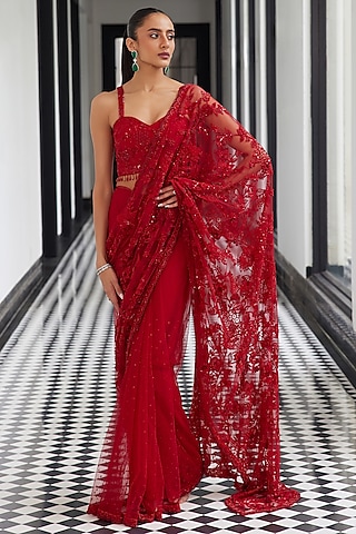 Red Net Sequins Embellished Saree Set by ISTYA