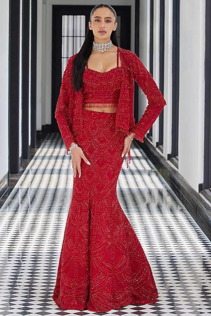 Red Net Embroidered Jacket Bridal Lehenga Set by ISTYA at Pernia's Pop Up Shop
