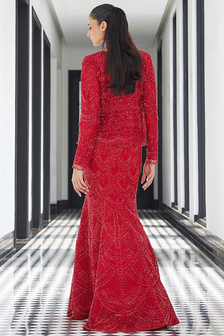 Red Net Embroidered Jacket Bridal Lehenga Set by ISTYA at Pernia's Pop Up Shop