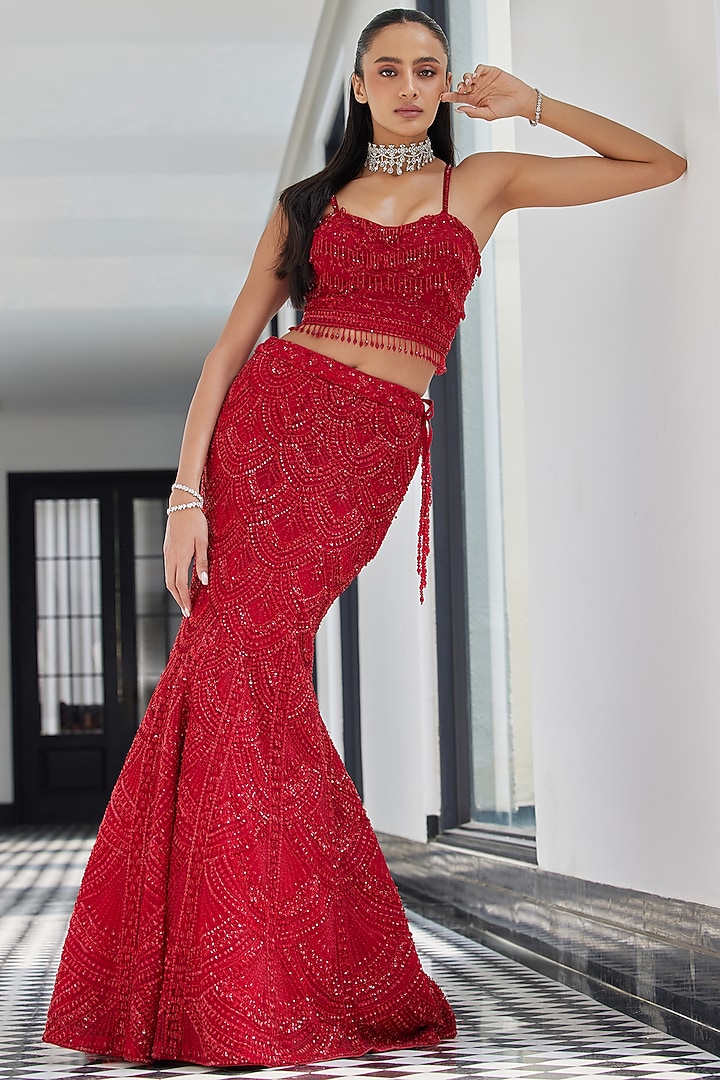 Red Net Embroidered Jacket Bridal Lehenga Set by ISTYA at Pernia's Pop Up Shop