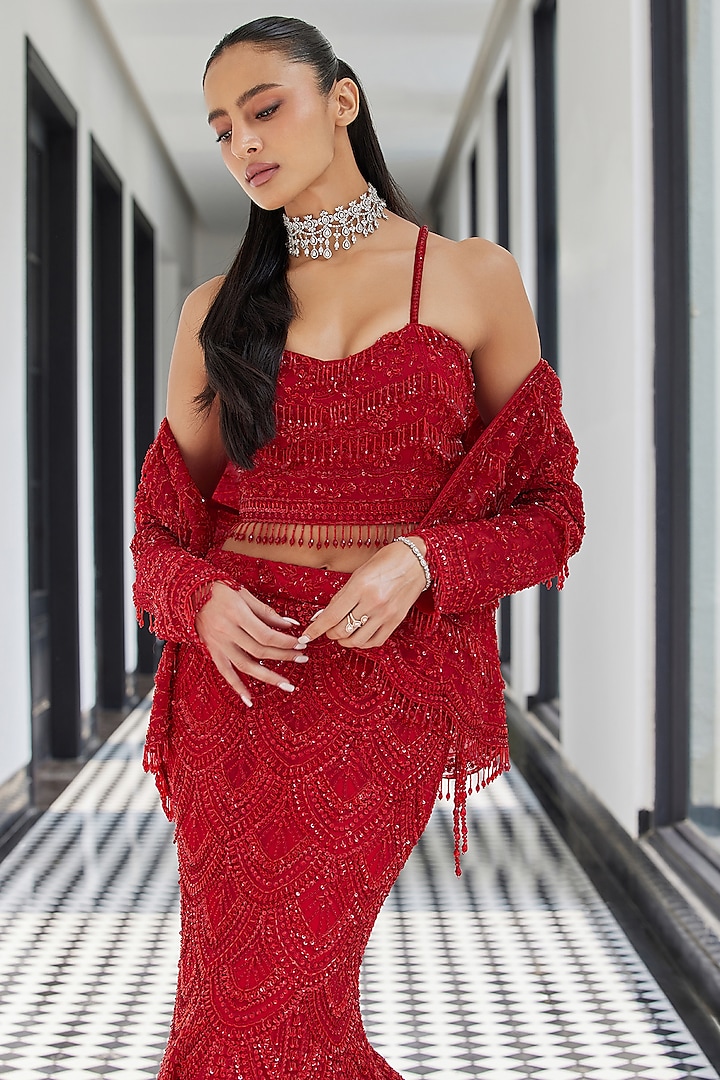 Red Net Embroidered Jacket Bridal Lehenga Set by ISTYA at Pernia's Pop Up Shop