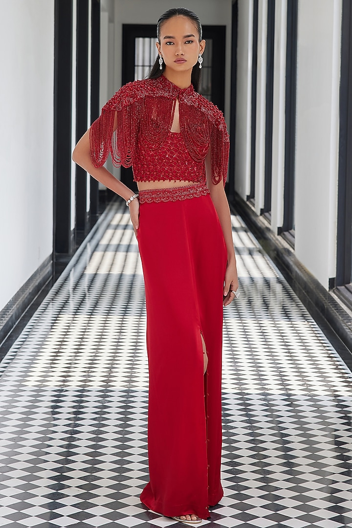 Red Pure Satin Skirt Set by ISTYA at Pernia's Pop Up Shop
