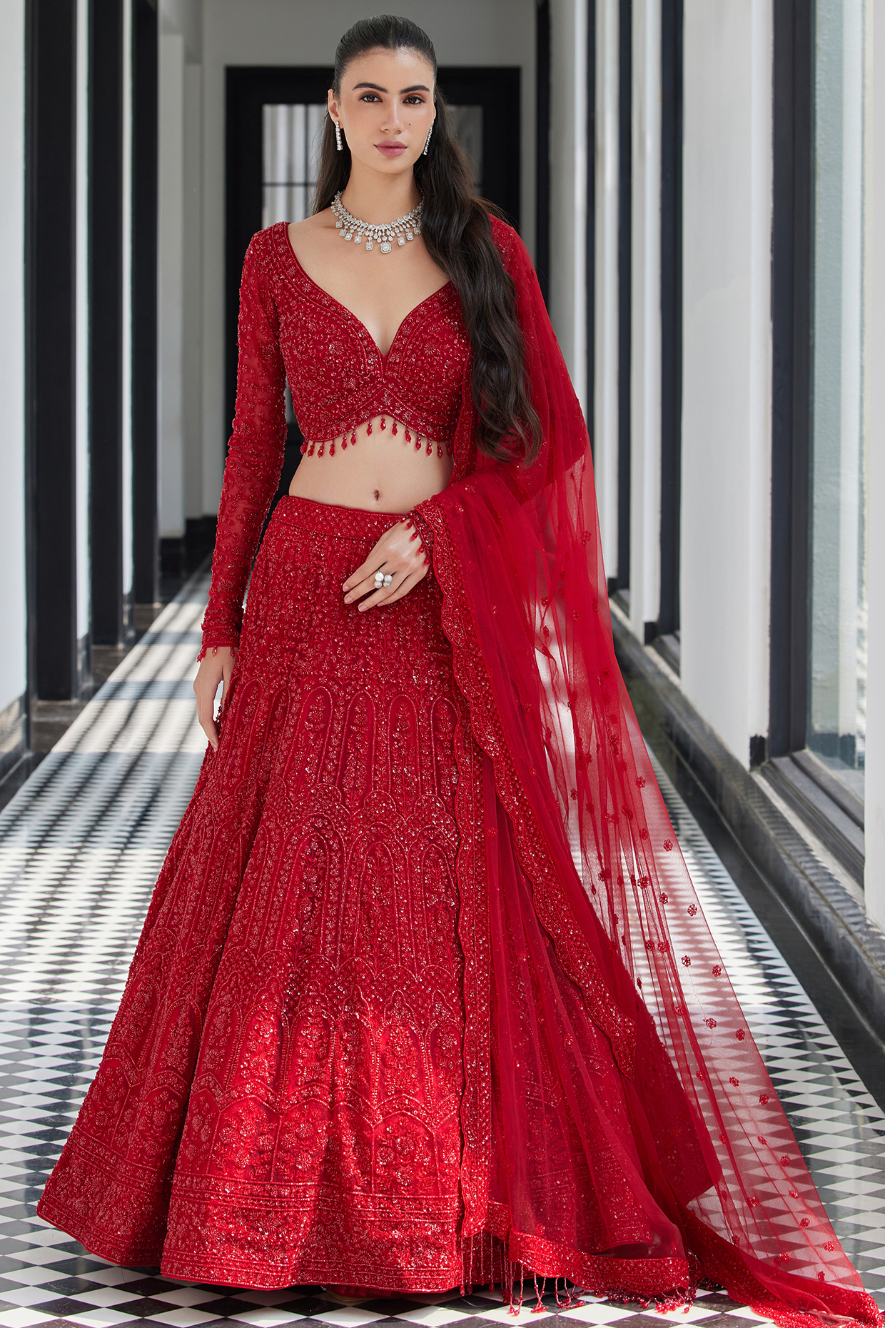 Red Net Sequins Embroidered Bridal Lehenga Set by ISTYA at Pernia's Pop Up Shop