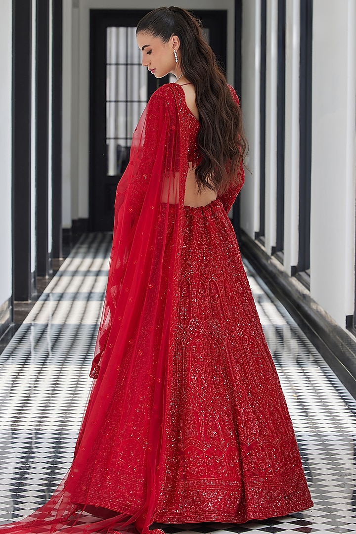 Red Net Sequins Embroidered Bridal Lehenga Set by ISTYA at Pernia's Pop Up Shop
