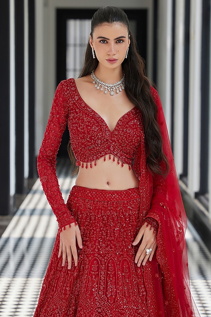 Red Net Sequins Embroidered Bridal Lehenga Set by ISTYA at Pernia's Pop Up Shop