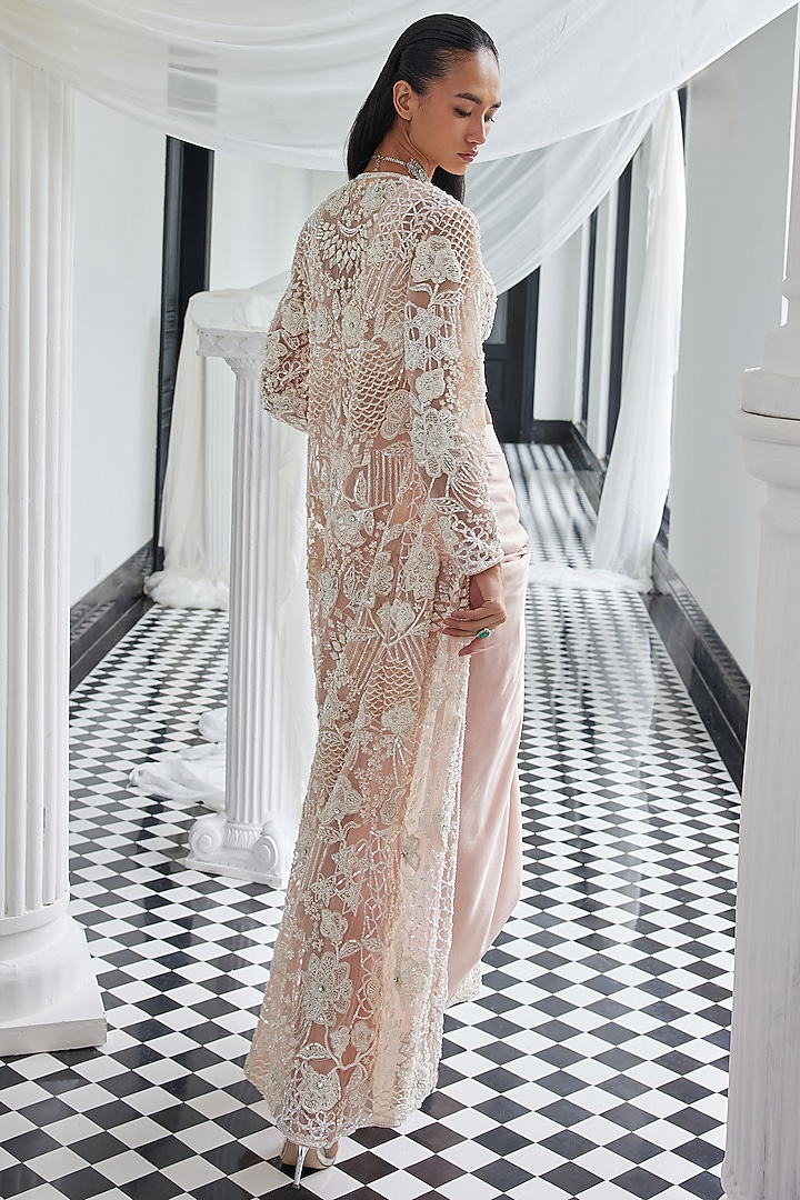 Light Pink Net Sequins Embellished Jacket Set by ISTYA at Pernia's Pop Up Shop