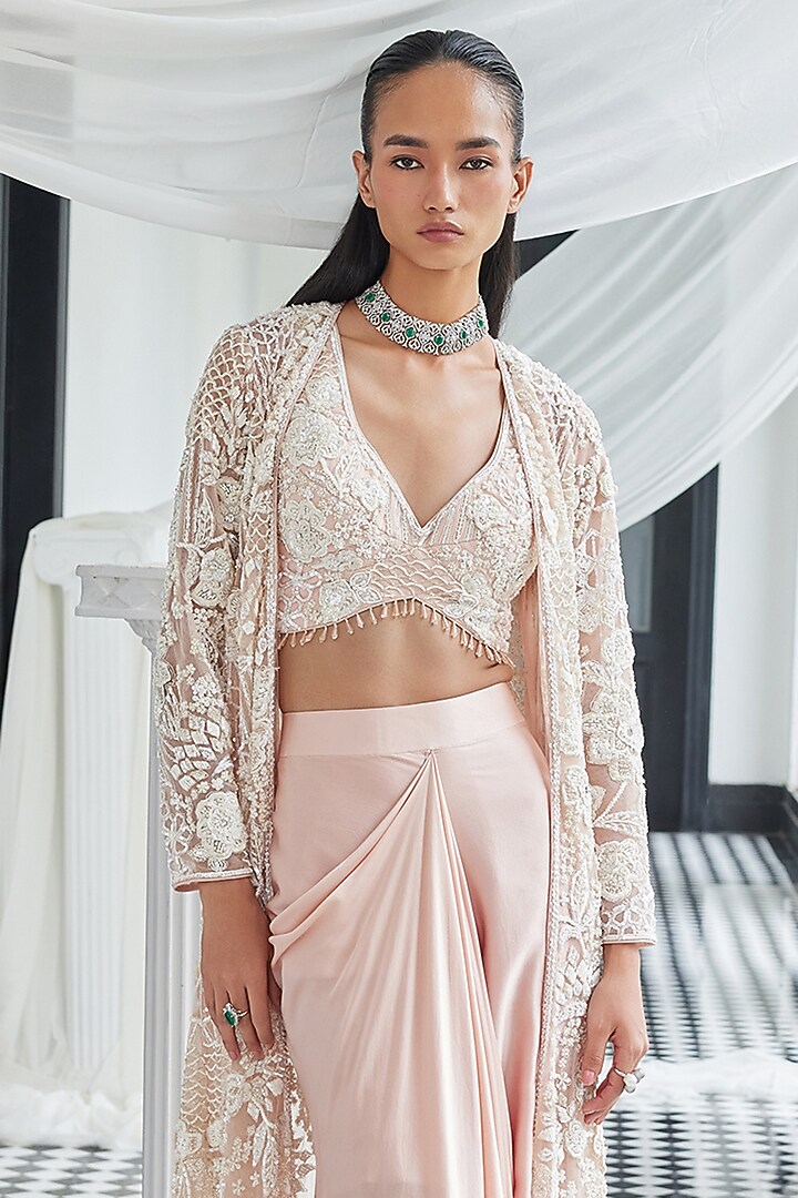 Light Pink Net Sequins Embellished Jacket Set by ISTYA at Pernia's Pop Up Shop