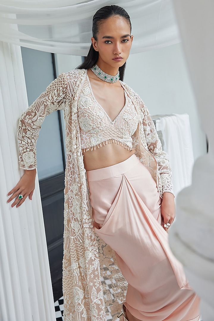 Light Pink Net Sequins Embellished Jacket Set by ISTYA at Pernia's Pop Up Shop