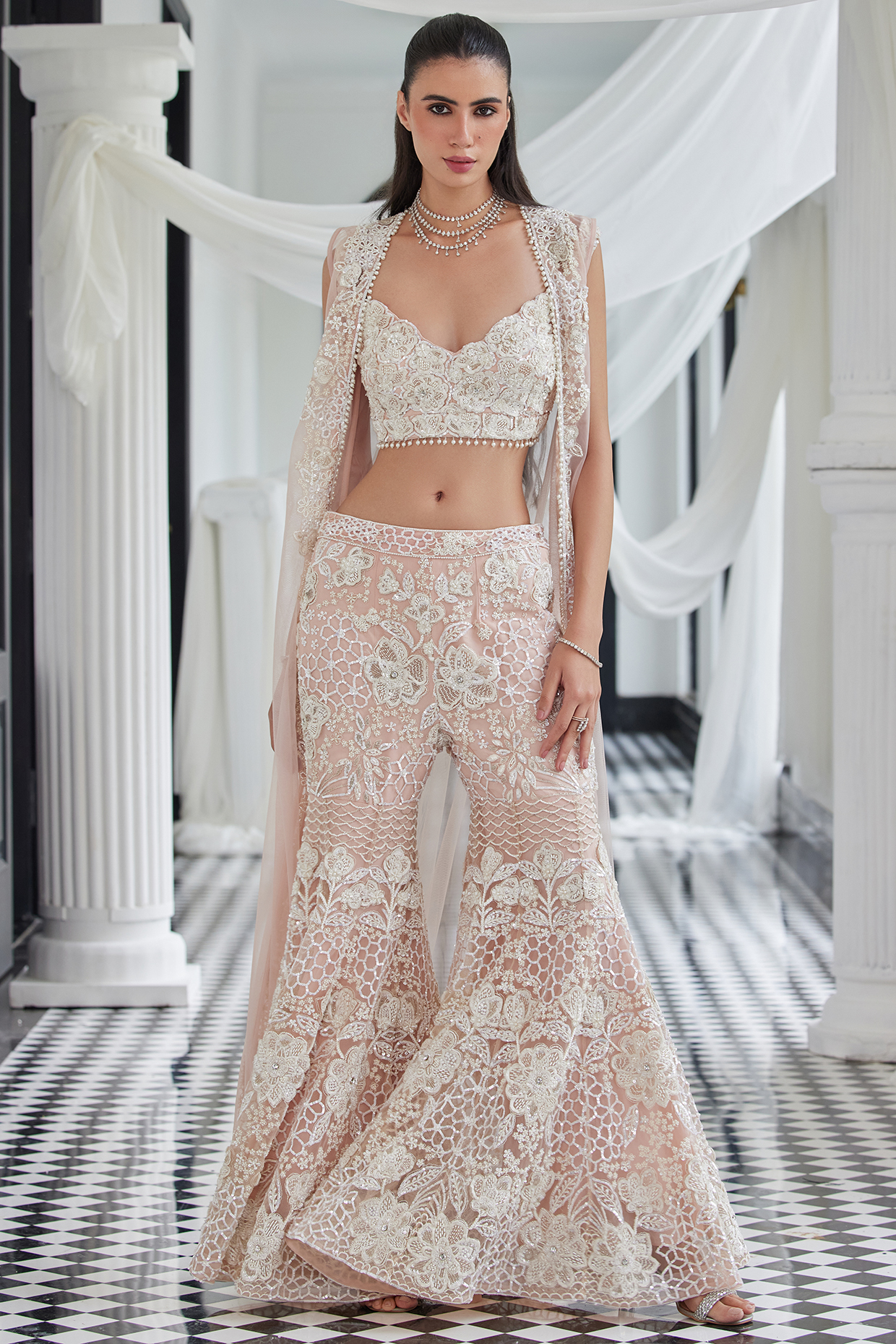 Light Pink Net Hand Applique Work Pant Set by ISTYA at Pernia's Pop Up Shop