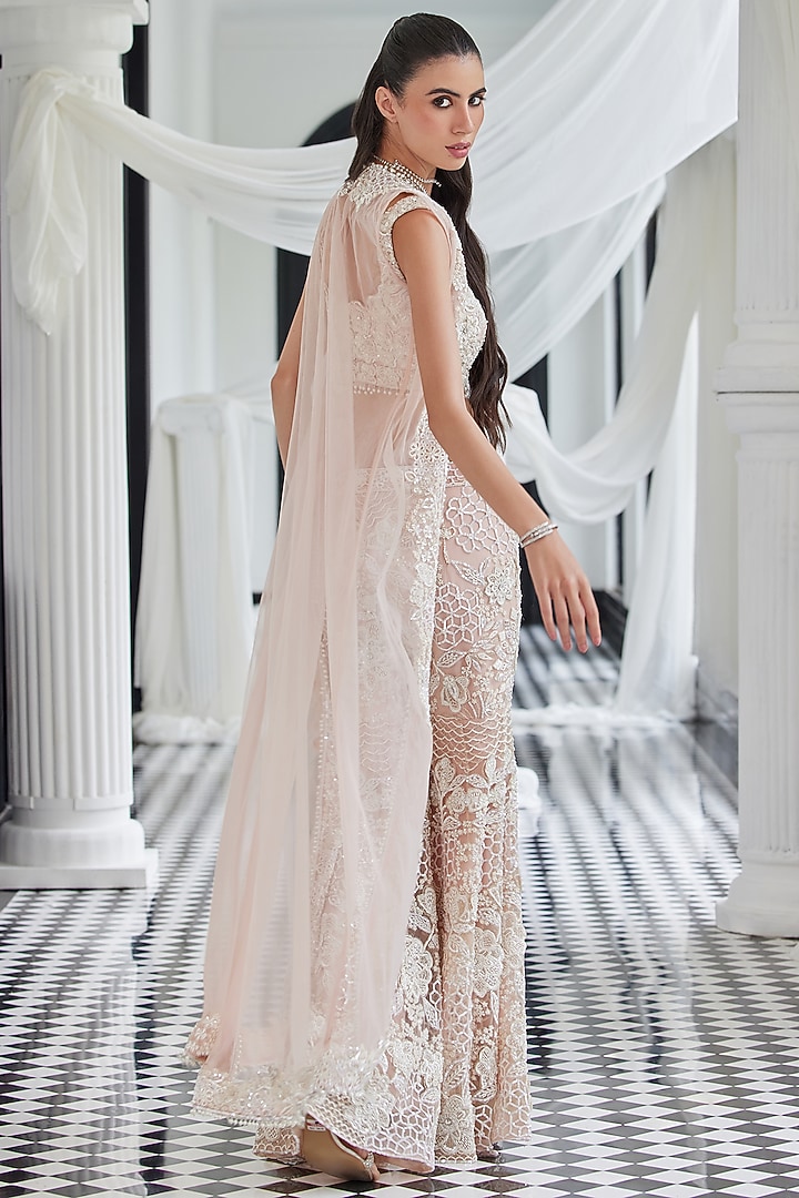 Light Pink Net Hand Applique Work Pant Set by ISTYA at Pernia's Pop Up Shop