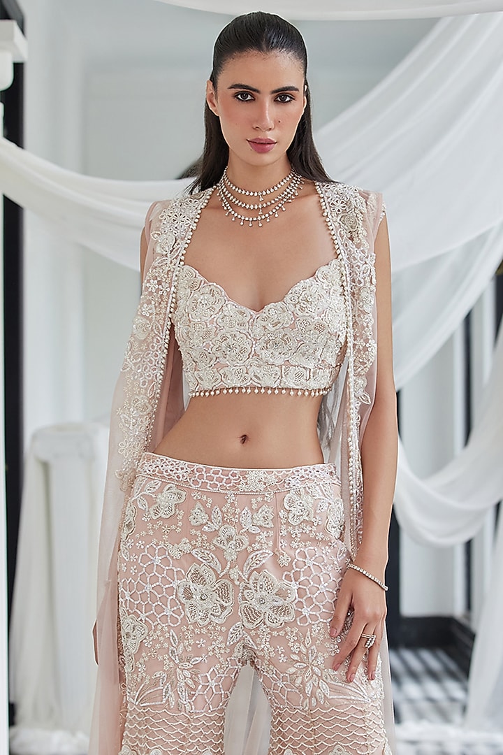 Light Pink Net Hand Applique Work Pant Set by ISTYA at Pernia's Pop Up Shop