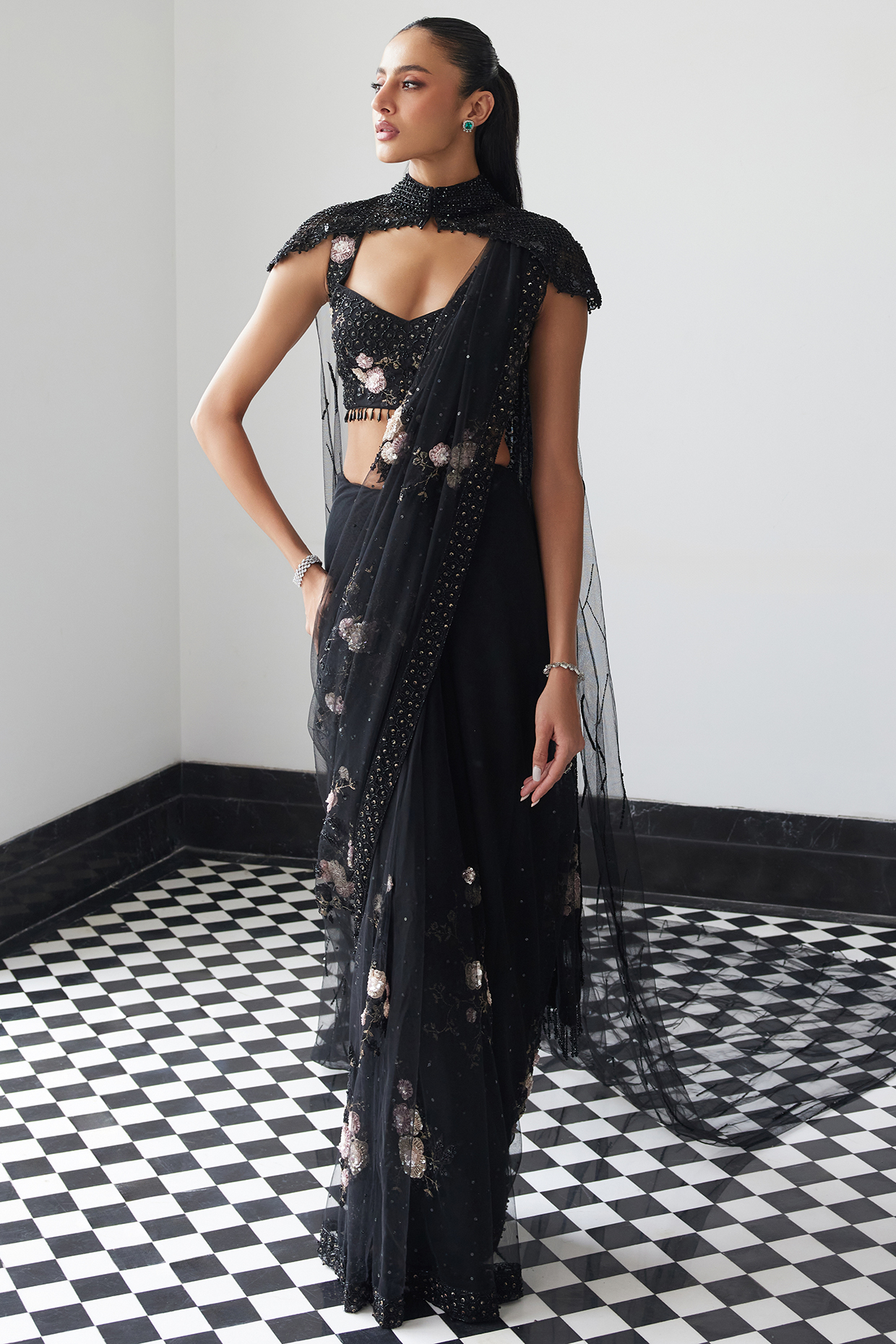 Black Net Hand Embellished Wedding Saree Set by ISTYA at Pernia's Pop Up Shop