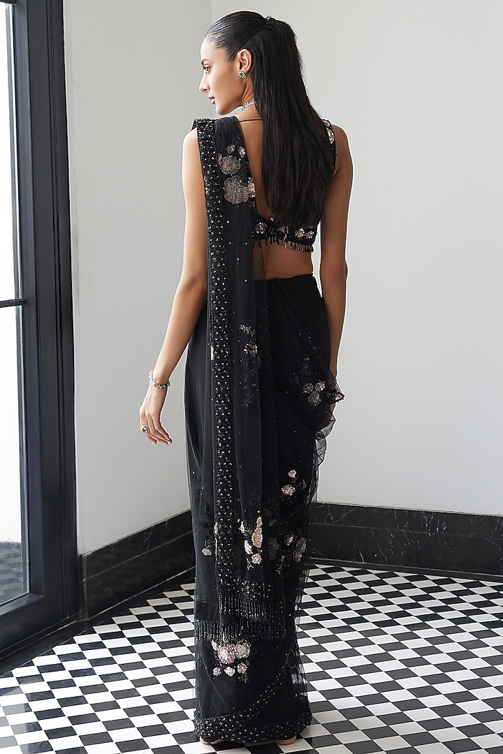 Black Net Hand Embellished Wedding Saree Set by ISTYA at Pernia's Pop Up Shop