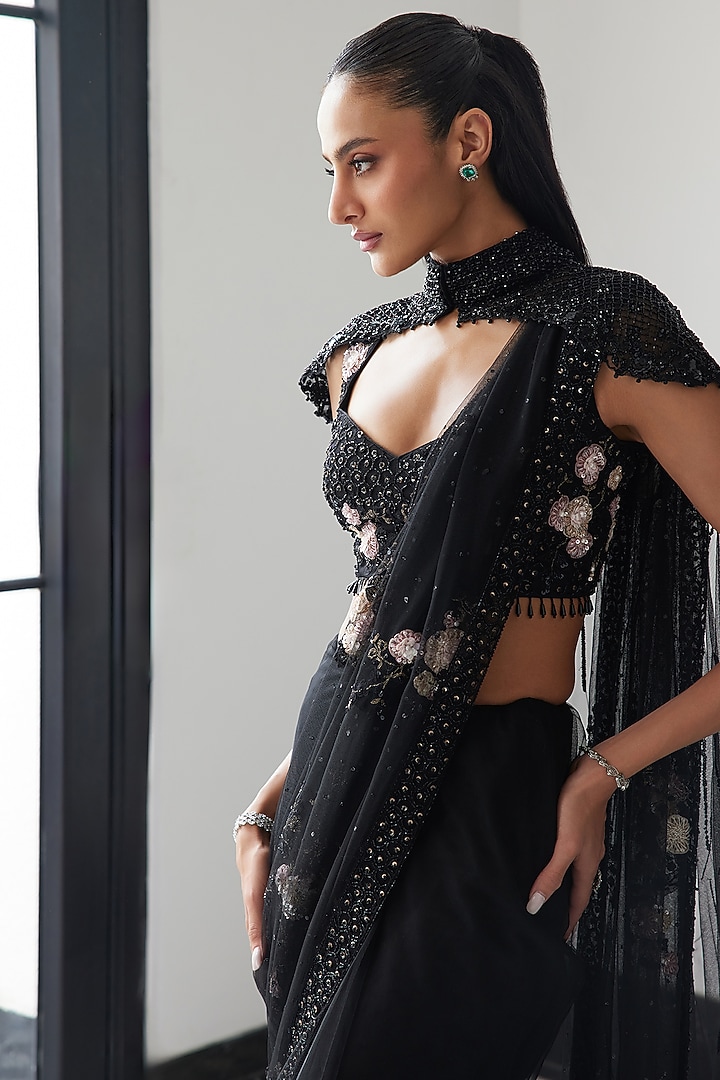 Black Net Hand Embellished Wedding Saree Set by ISTYA at Pernia's Pop Up Shop