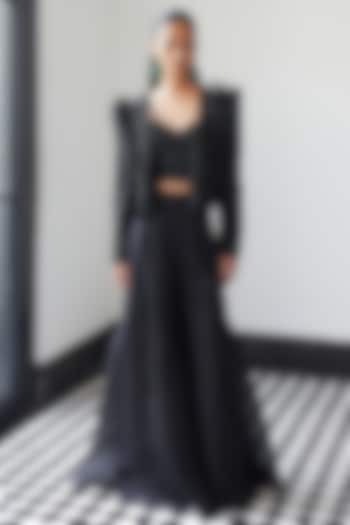 Black Organza Hand Embellished Jacket Set by ISTYA at Pernia's Pop Up Shop