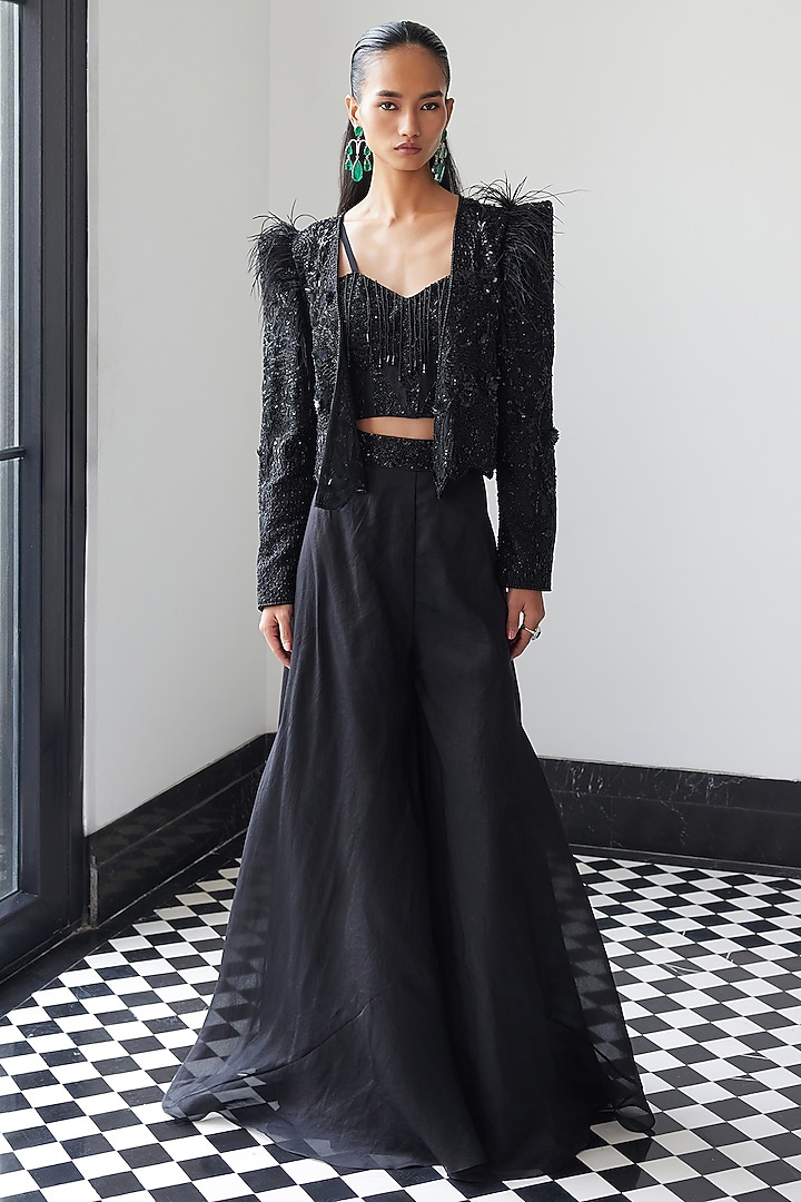 Black Organza Hand Embellished Jacket Set by ISTYA at Pernia's Pop Up Shop